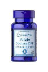 Puritan's Pride Folate 666mcg DFE 400 mcg Folic Acid dietary supplement in blue bottle, 250 tablets.